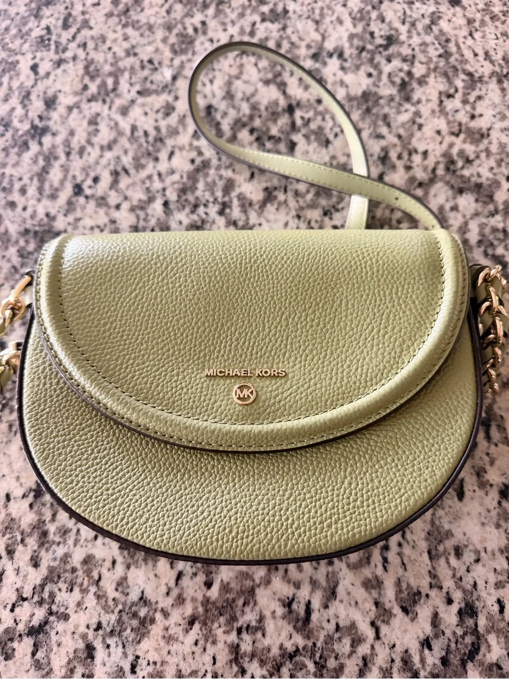 Michael Kors Olive Pebbled Leather Crossbody Saddle Bag with Gold Hardware